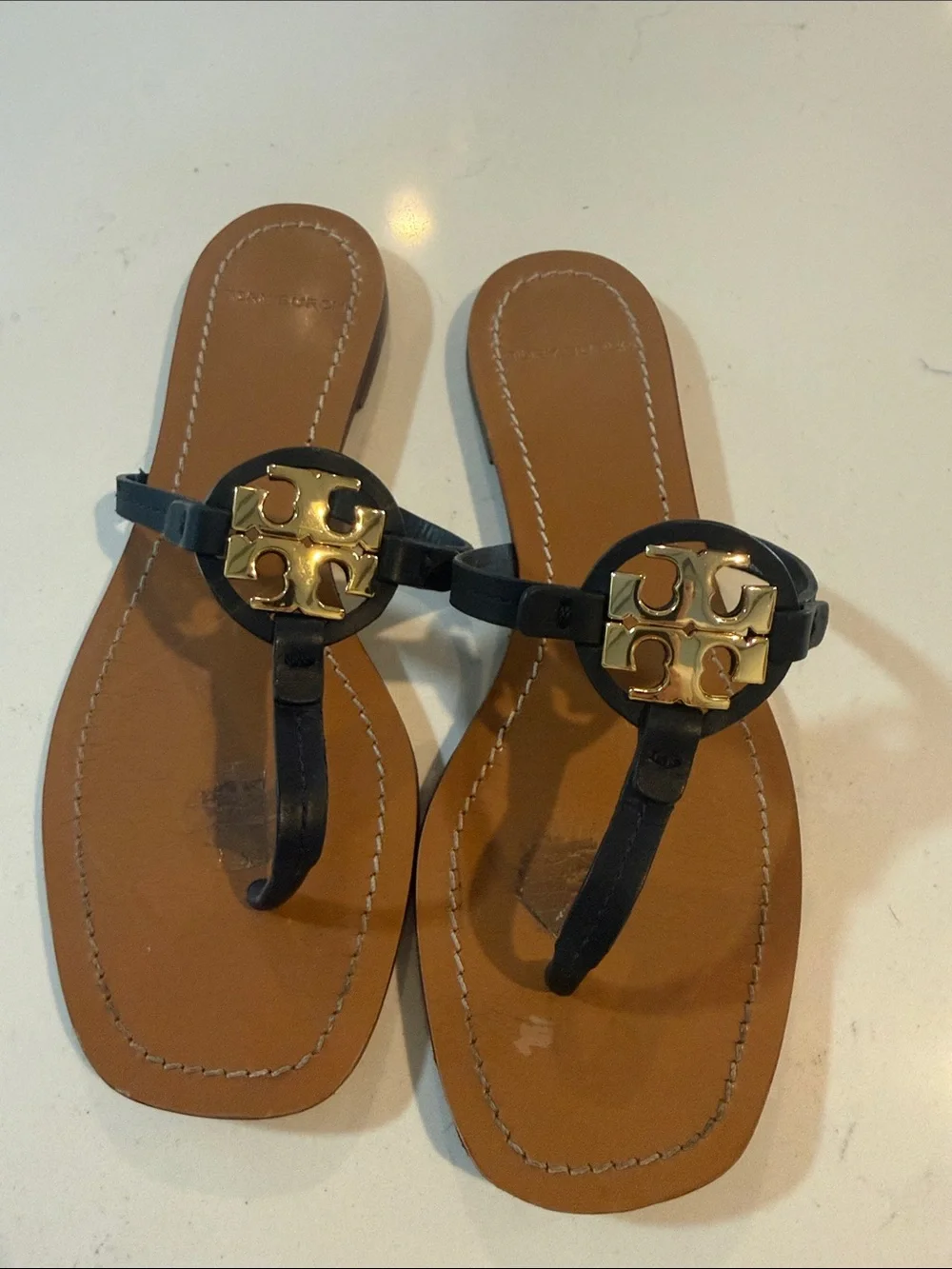 Tory Burch Black Leather Thong Sandals with Gold Logo